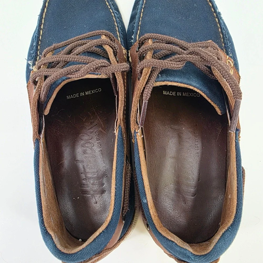 HITCHCOCK WIDE BOAT SHOES MENS SIZE 7 3E NAVY BLUE BROWN LEATHER CANVAS LACE UP